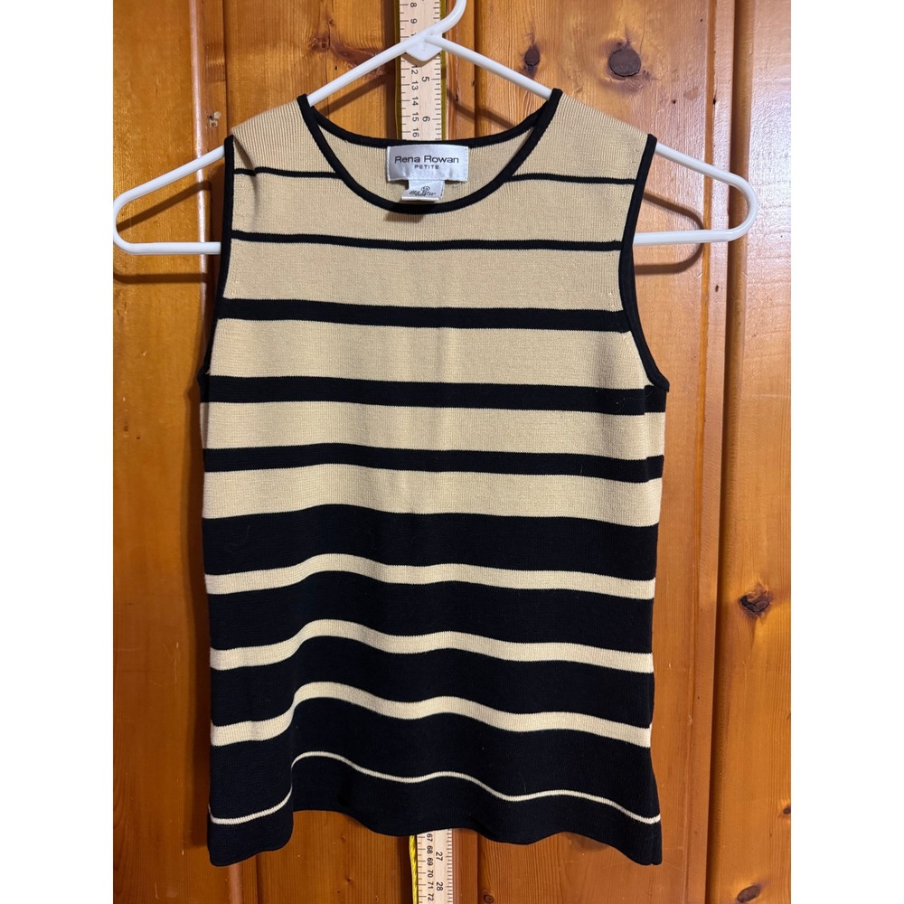 Rena Rowan Petite Silk Cotton Knit Striped Sleeveless Top Tan Black P/P